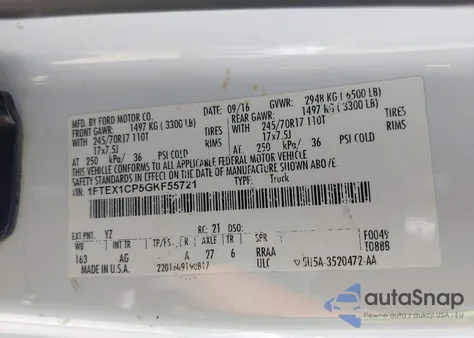 2016 Ford F-150 Lariat/Xl/Xlt z USA, uszkodzony, nr VIN 1FTEX1CP5GKF55721